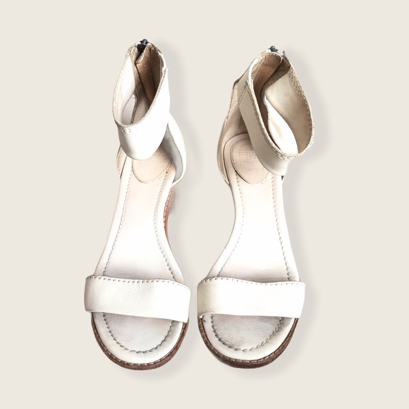 Frye White Brielle Zip Wood Block Genuine Leather Casual Ankle Sandals/Heels - Picture 9 of 16